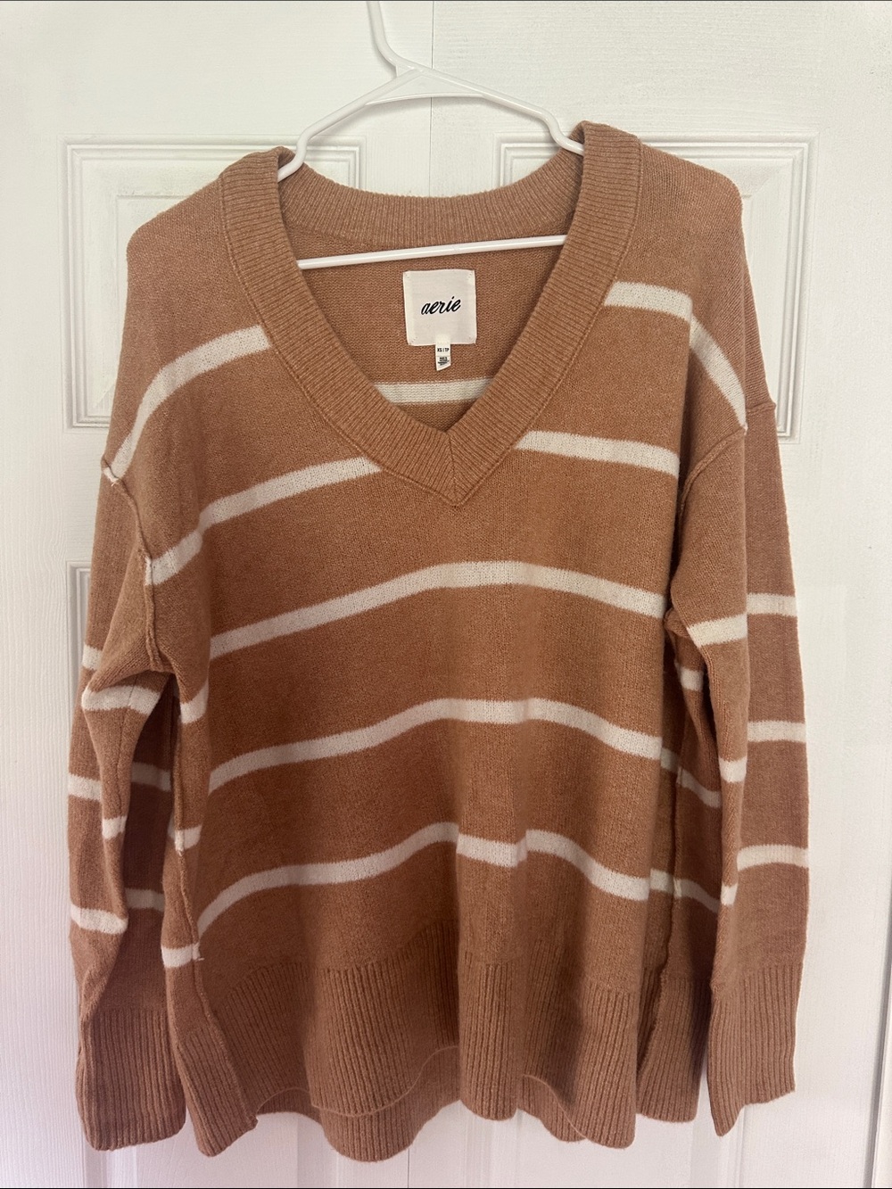 aerie Brown and White Striped V-Neck Sweater